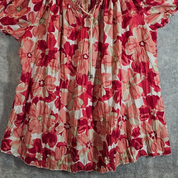 Croft & Barrow Floral Red Pink Peasant Blouse drawstring Womens L Feminine - Picture 8 of 11